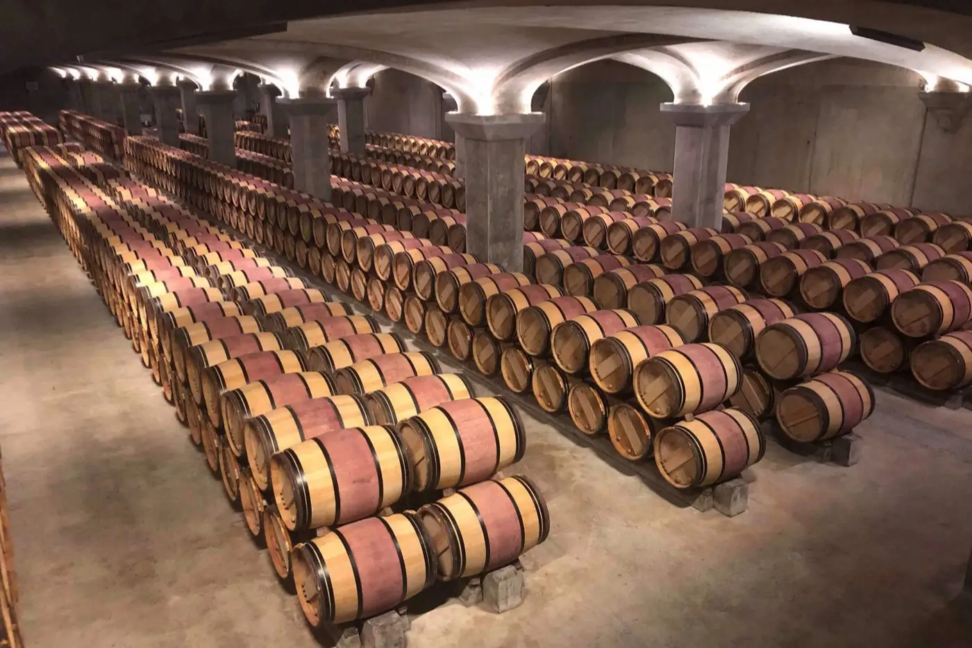 Barriques de chêne entreposées dans un chai du Médoc.