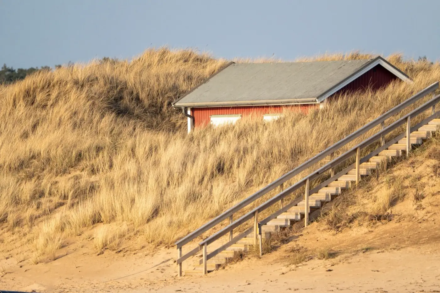Une maison en bois derrière les dunes.