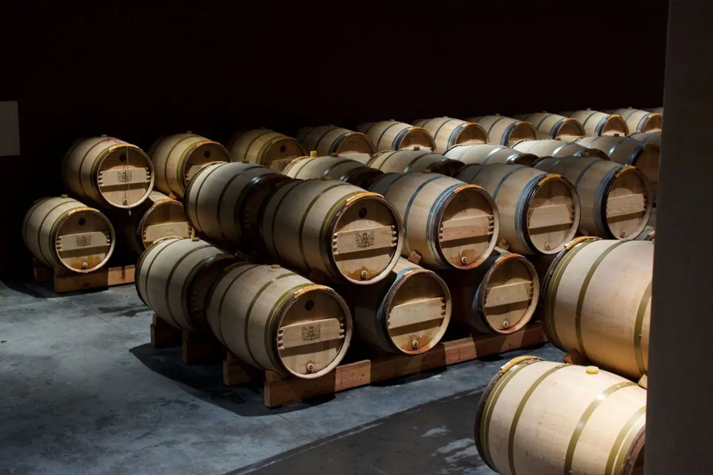 Barriques de chêne dans un chai, à Pauillac.